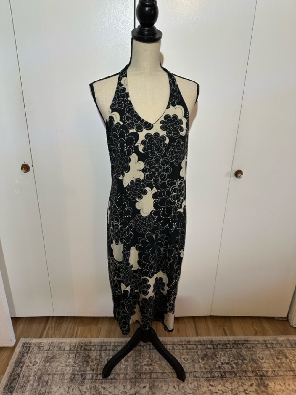 Halter Floral Knit Midi Dress in Black and Cream